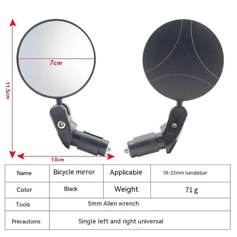 Black foldable convex rearview mirror showing 7cm diameter reflector and rotation mechanism