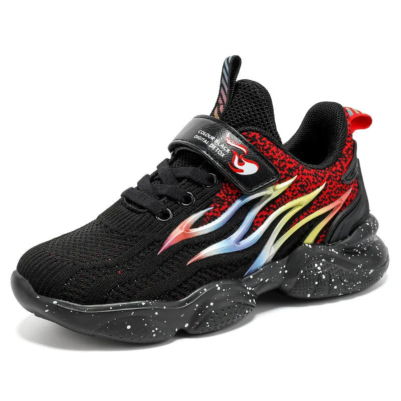 Boys mesh sneakers with textile and TPU upper in beige, black gold, and black red colours