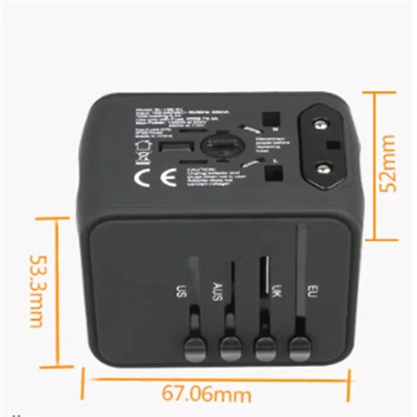 Universal travel adapter with 4 socket holes, 66 x 53 x 52mm, 1500W, PC shell, black blue or green