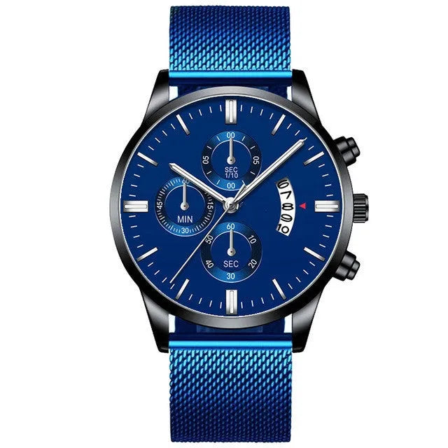 Men's stainless steel quartz watch with mesh band showing 4.2cm case and decorative dial in two-tone colour combination