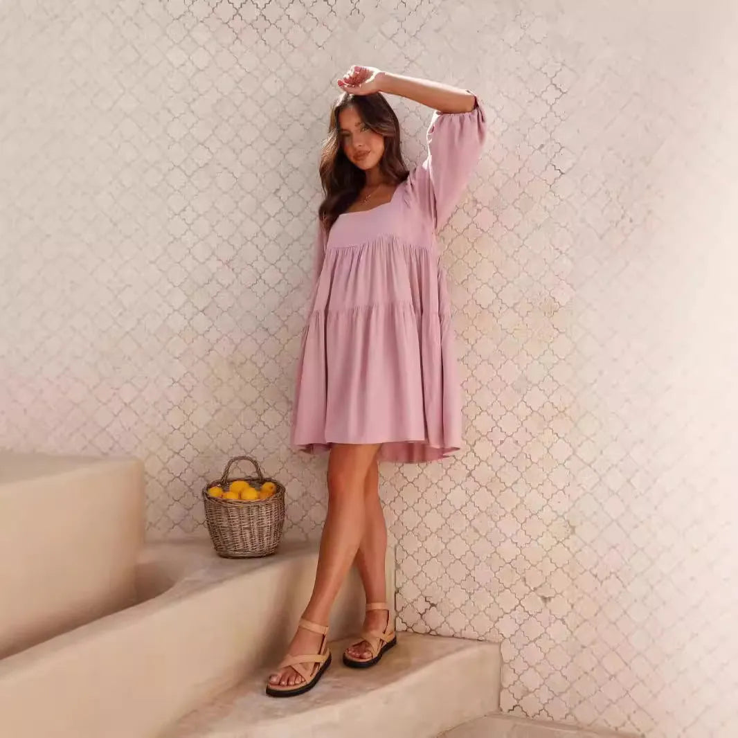 Children's backless dress with square collar and puff sleeves in A-line cut, loose waist design