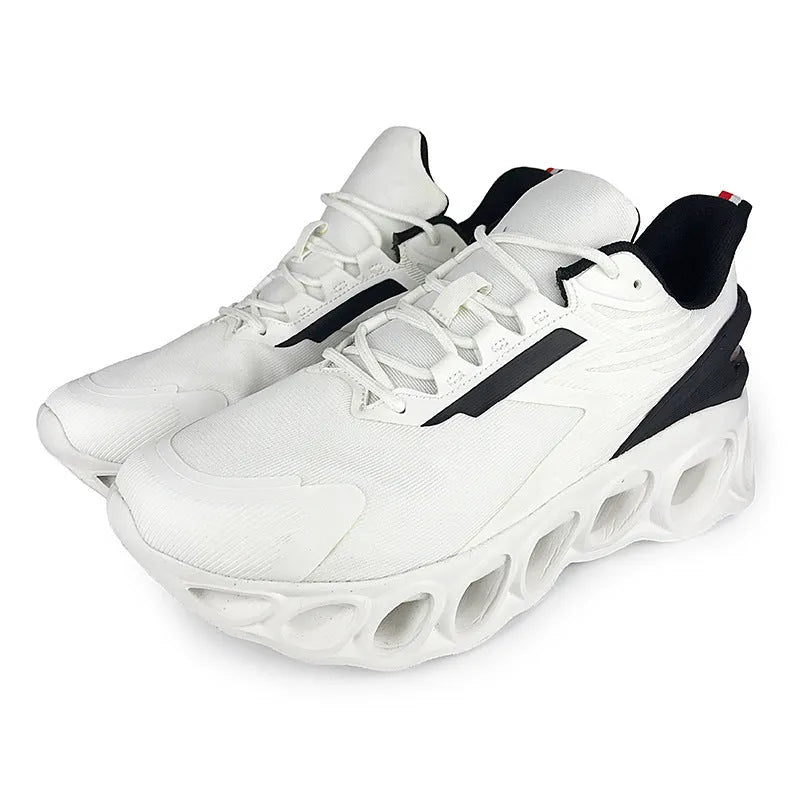 Low-top breathable trainers in dark blue with mesh upper and lace-up front, showing EVA sole and round toe design.
