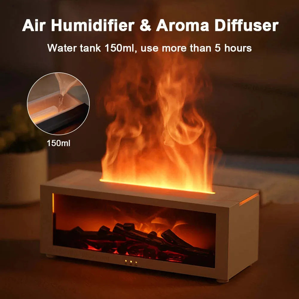 Square flame aromatherapy machine with LED lights creating 3D flame effect and essential oil diffusion