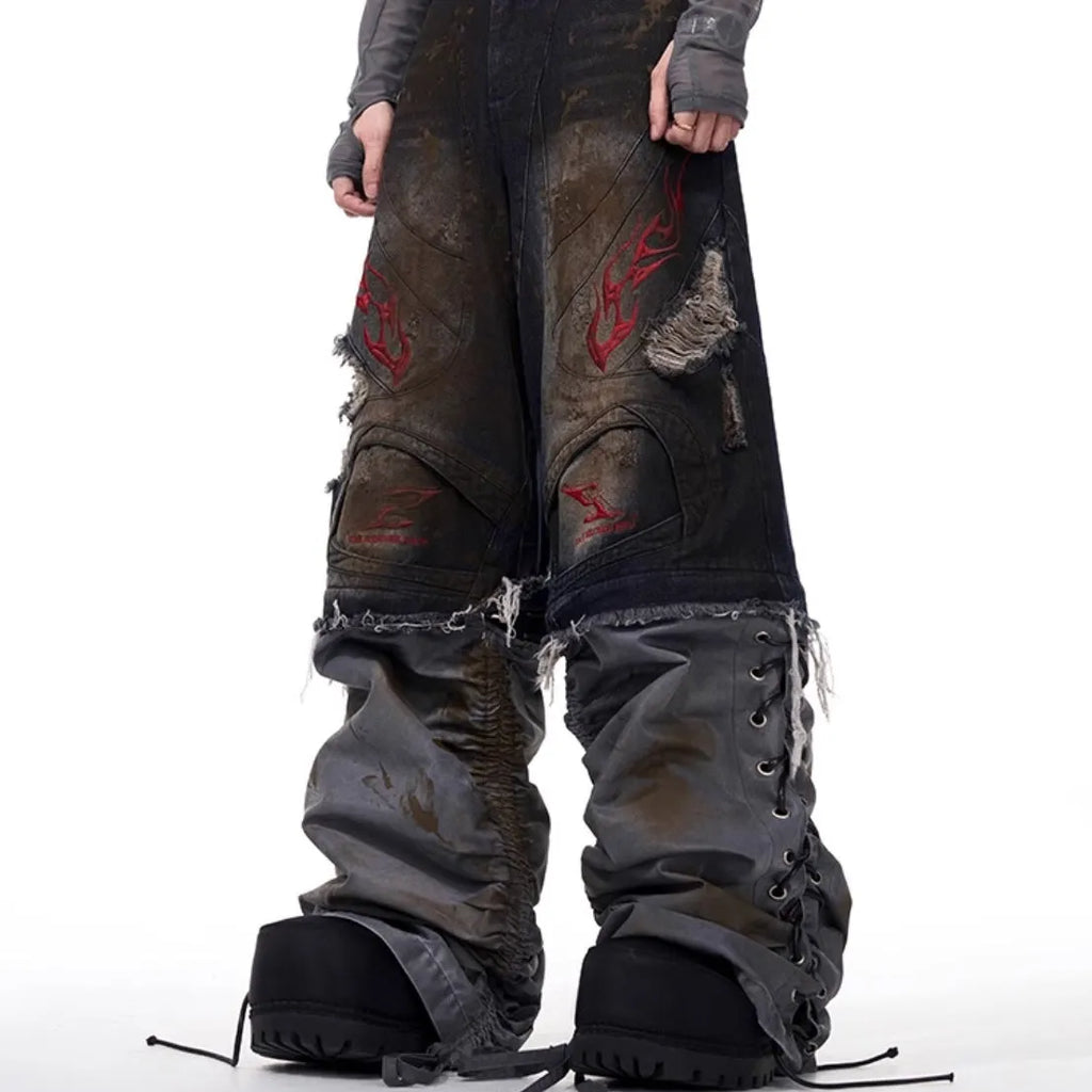 Men's retro wide-leg jeans with detachable trouser legs showing convertible feature and mid-high waist design