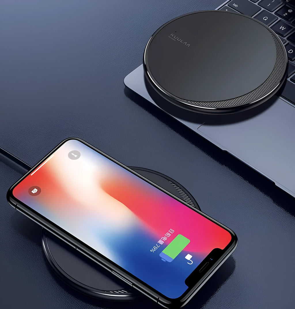 Black Kuulaa wireless charging disc for mobile phones with LED indicator and Micro USB port