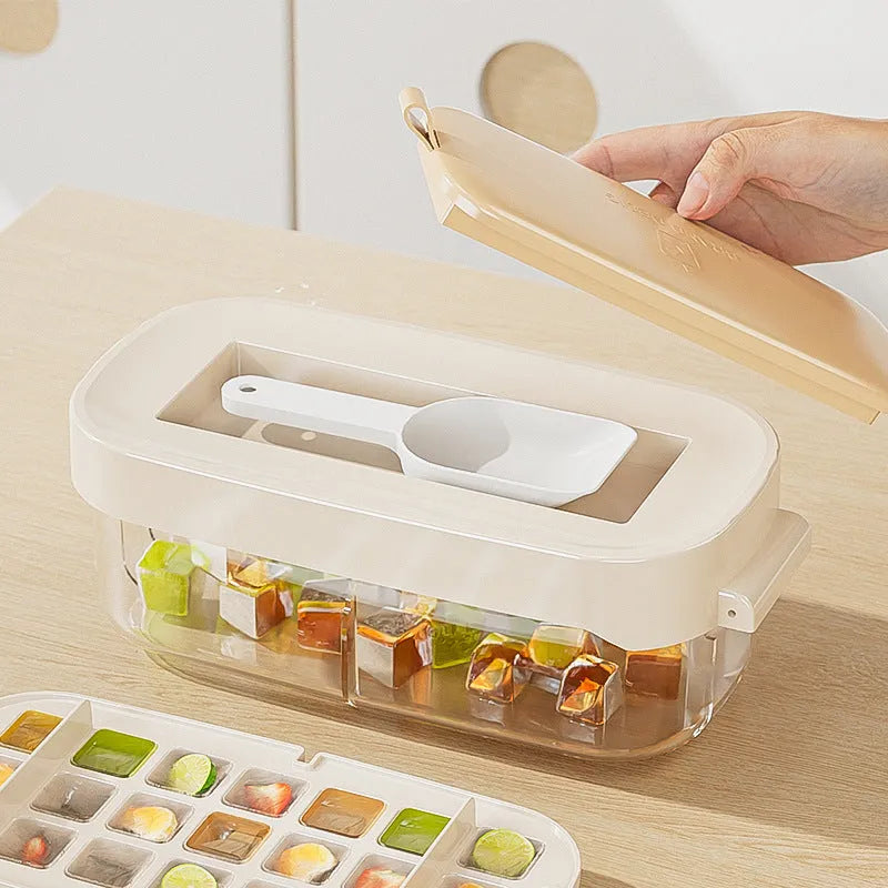 High capacity ice cube tray and ice box set in blue, green, purple, or yellow with included ice shovel
