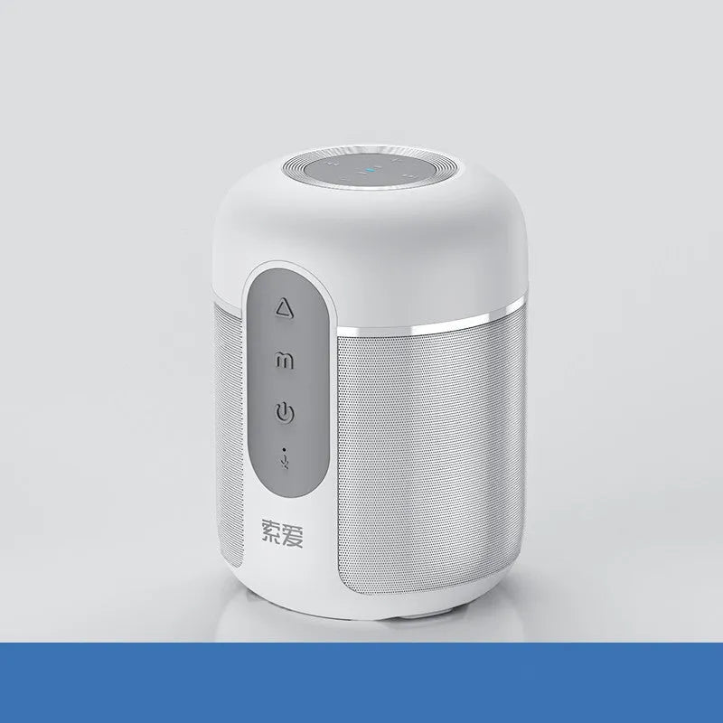 Black wireless portable Bluetooth speaker with 30W output, 1500mAh battery, measuring 72mm by 99mm