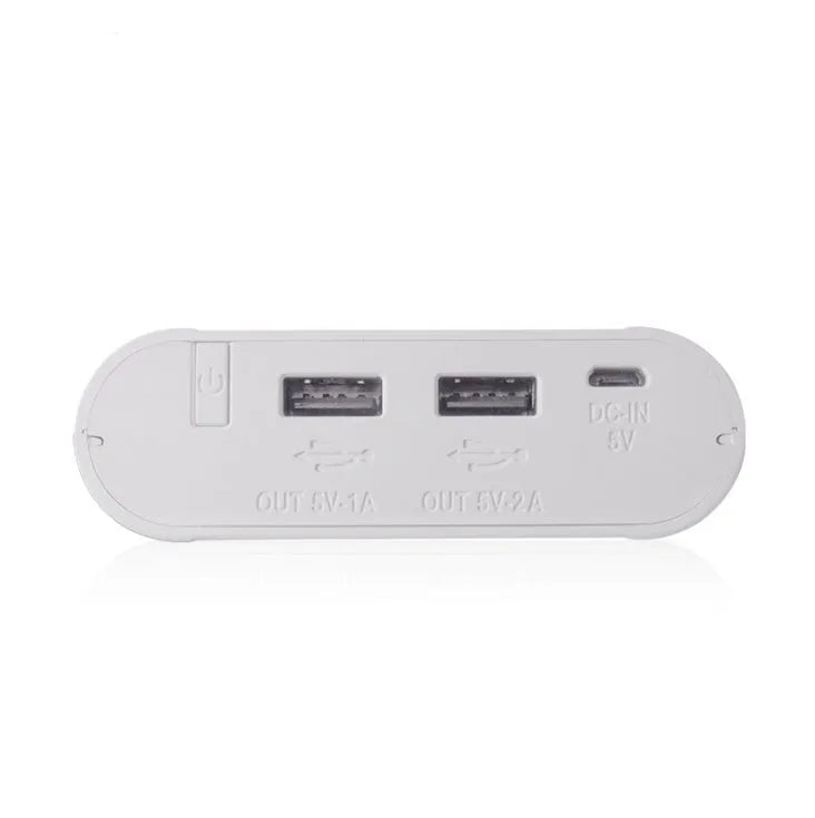 Black DIY power bank kit with LCD display showing battery levels and dual USB charging ports