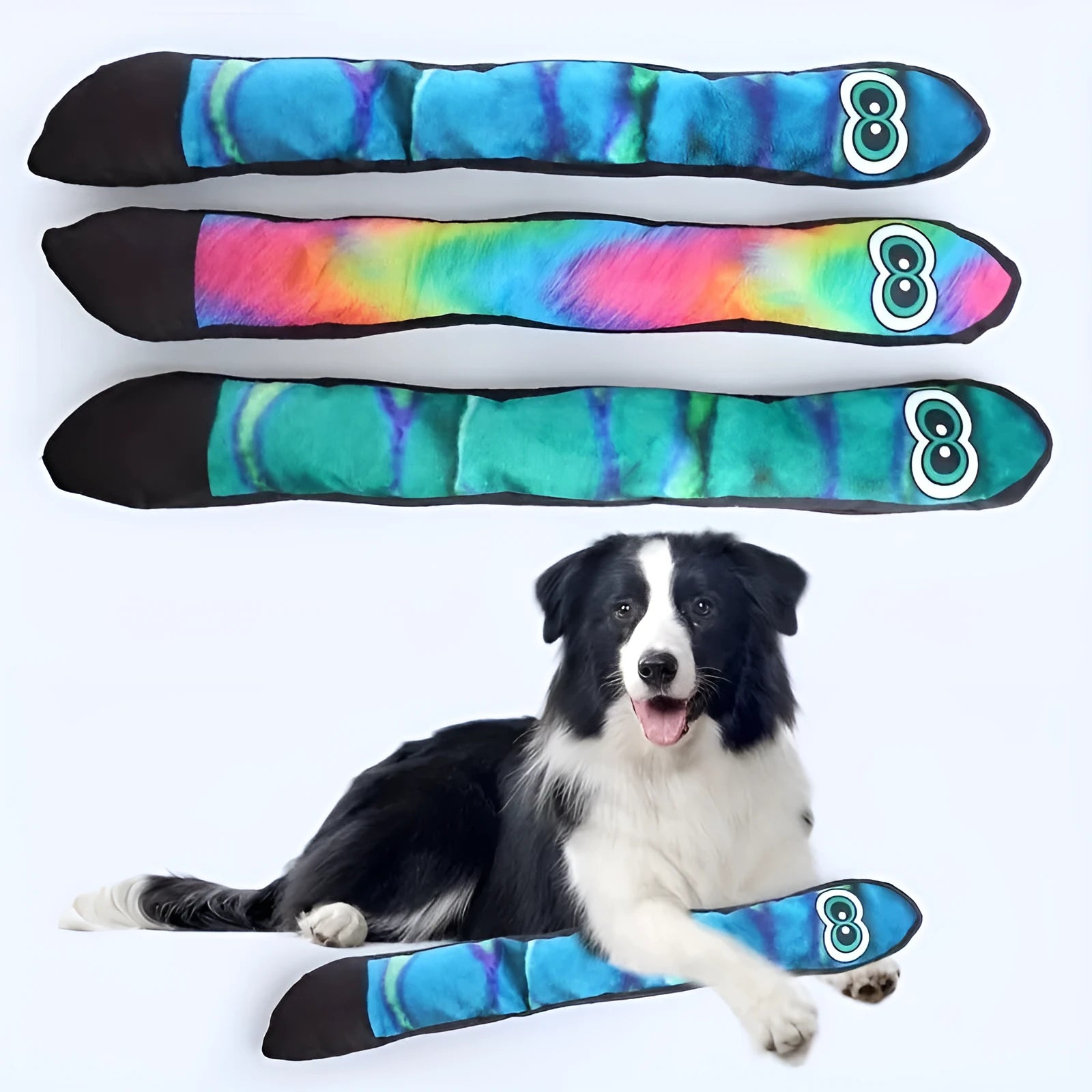 Multicolour snake-shaped plush dog squeaky toy with stripe print and no internal filling