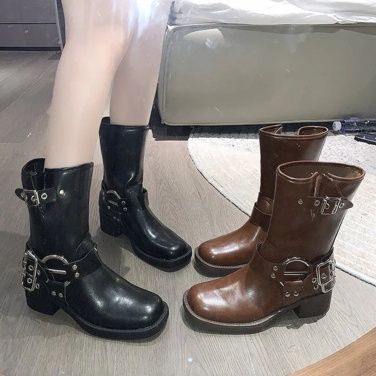 Women's platform mid-calf boots with chunky sole and belt buckle detail in black/brown
