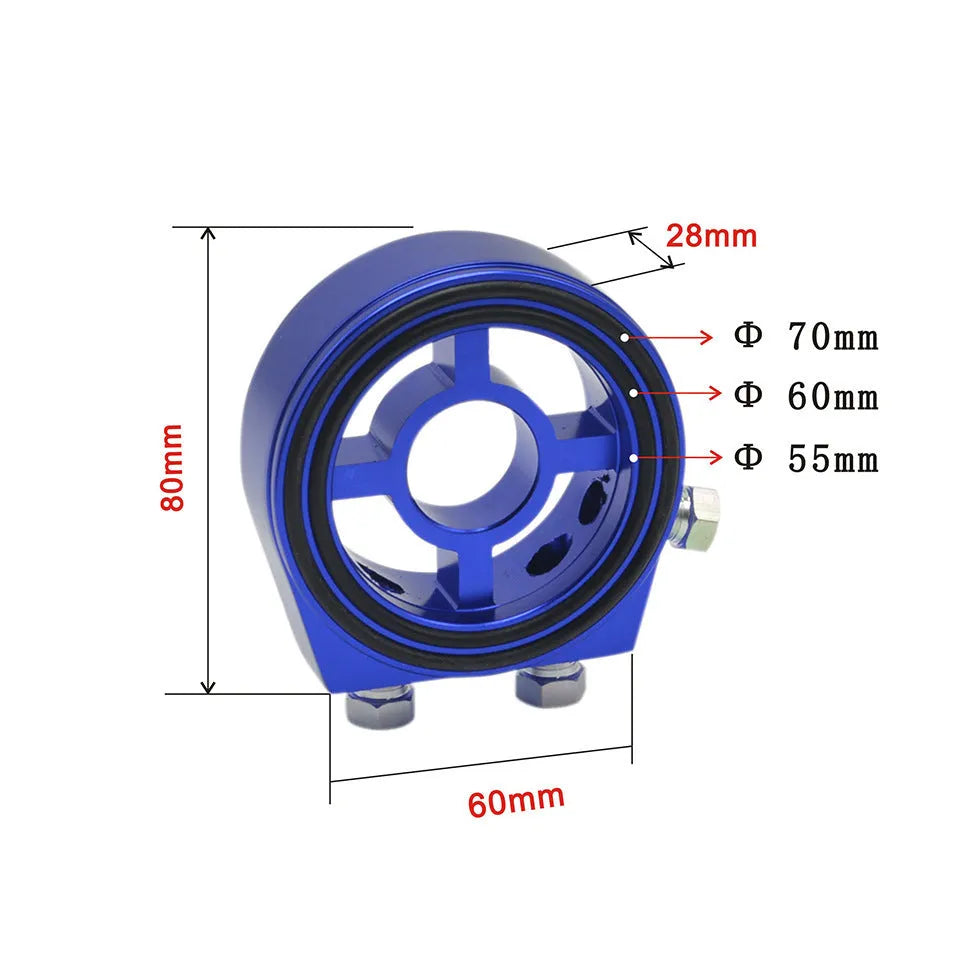Universal aluminium oil pressure gauge adapter shown in red, blue, black, gold, and silver colour options.