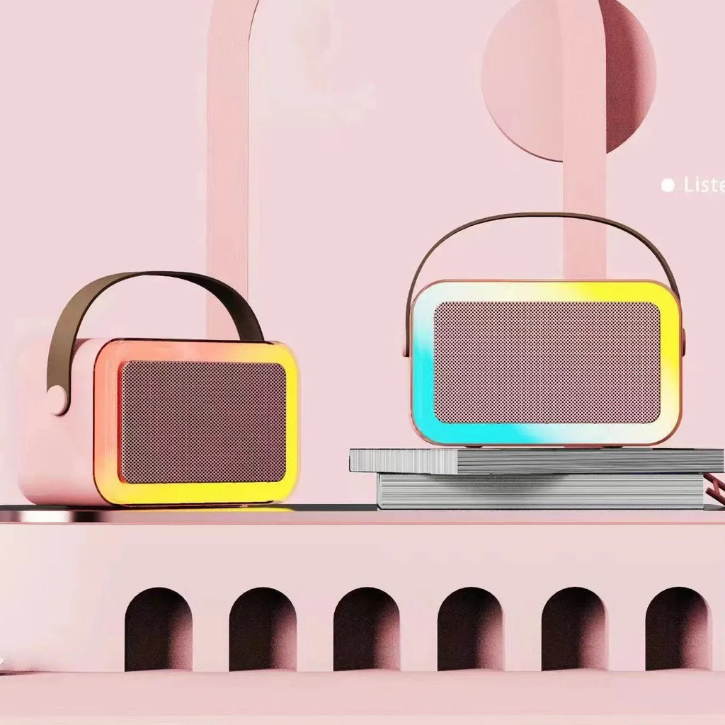 Portable Bluetooth karaoke microphone with coloured LED lights in pink, sky blue, or white, showing single or double wheat options