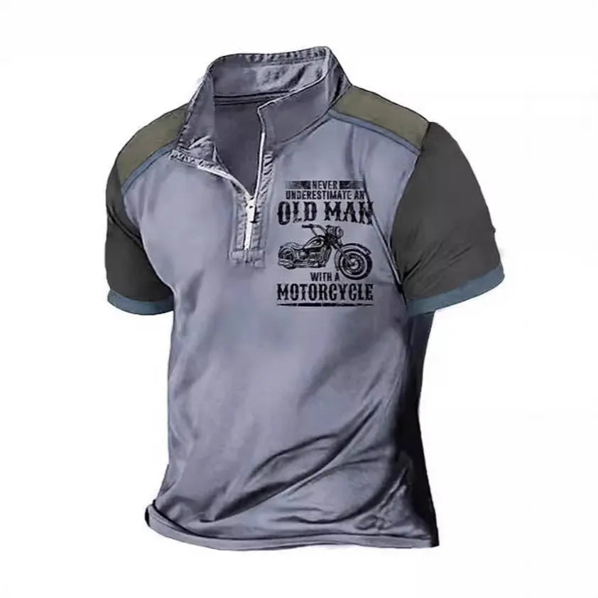 Men's casual polo shirt with zipper lapel and digital letter print in colour PL02-GG7366, size M, short sleeves