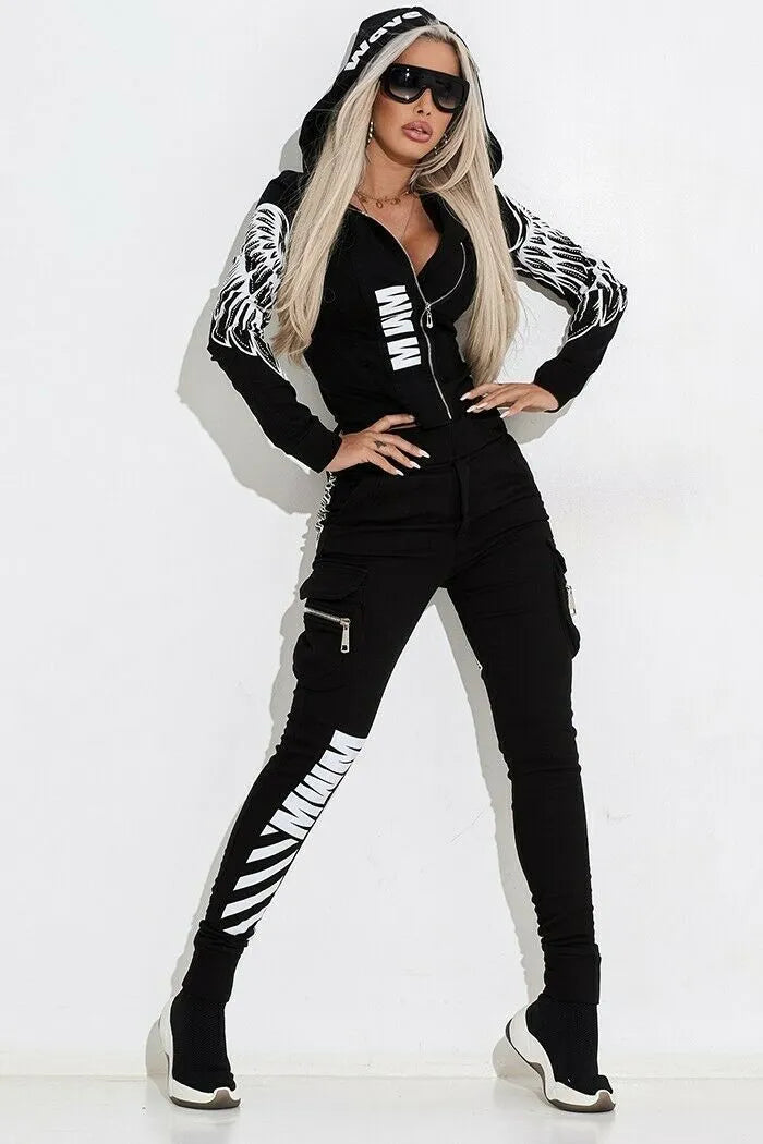 Women's black wings printing hooded street suit with zipper, long sleeves, and trousers in lightweight polyester fabric.