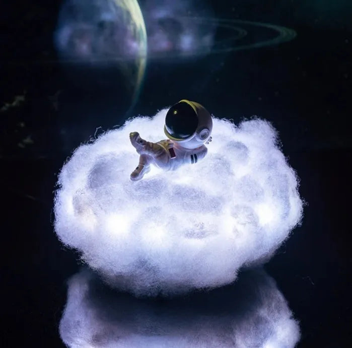 LED astronaut cloud lamp with colour-changing rainbow effect on a wooden stand, 15 x 20cm night light for kids