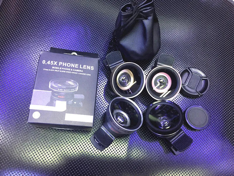 Mobile phone wide angle lens attachment in black, gold, rose gold, and silver colours showing 0.45X magnification