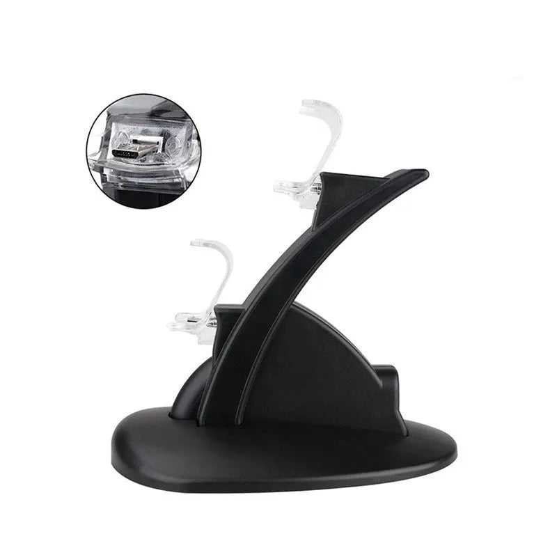 Black dual charging stand holding two Xbox One gamepad controllers.