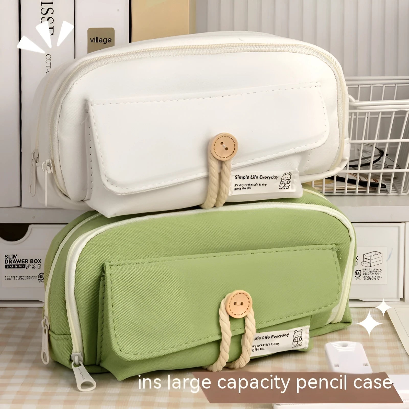 Large capacity canvas pencil case in green, beige, blue, and grey colours, holding approximately 80 pens.
