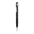 Black pen-shaped digital voice recorder with zinc alloy body and high storage capacity.