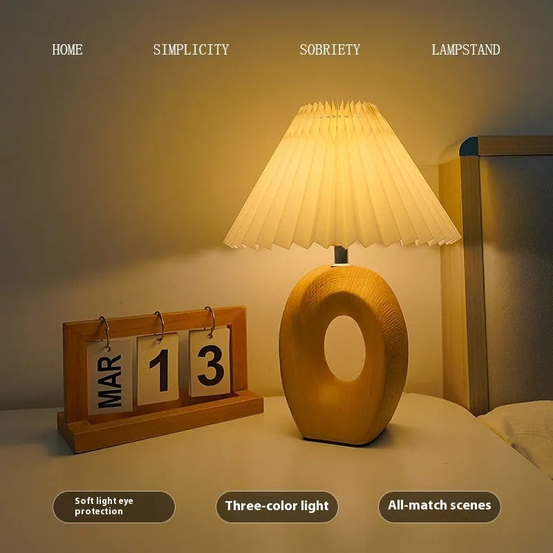 Nordic pleated vintage ceramic small night lamp with beige wood grain base and USB power