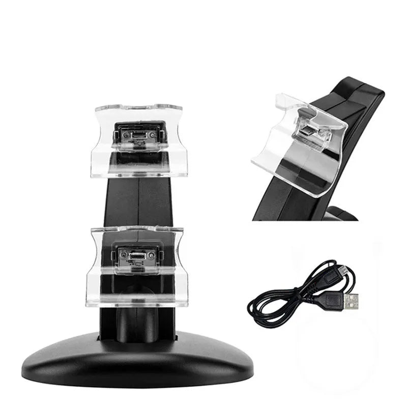 Black dual charging stand holding two Xbox One gamepad controllers.