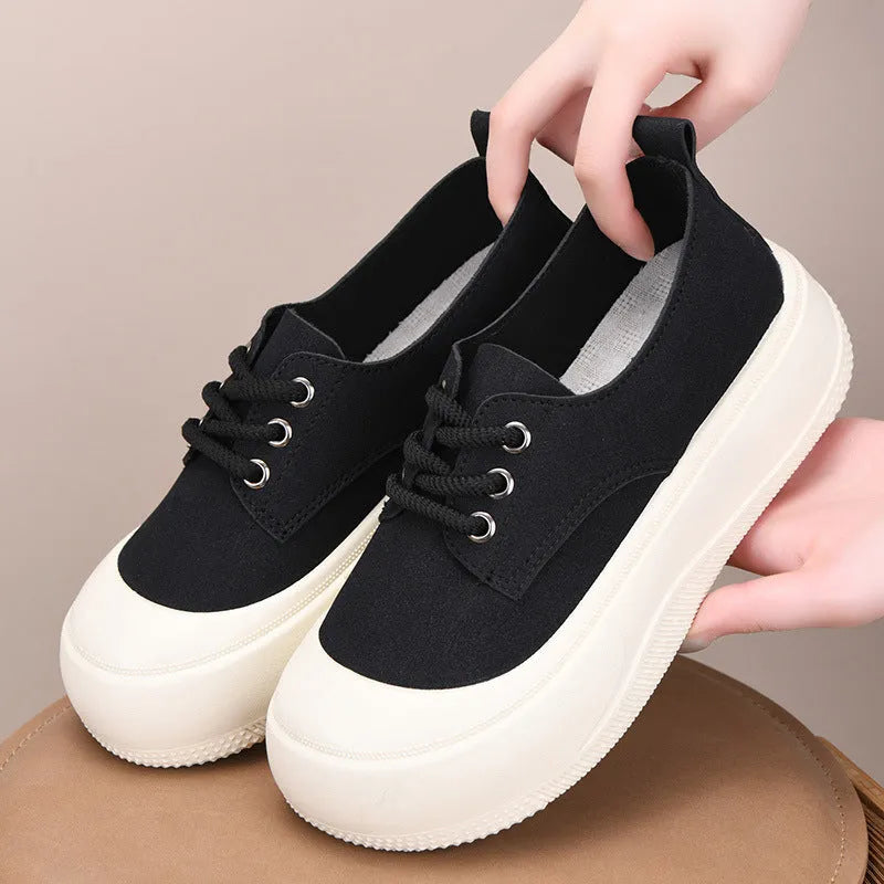 Women's camel suede platform loafers with round toe and front lace-up, showing 4cm sole lift
