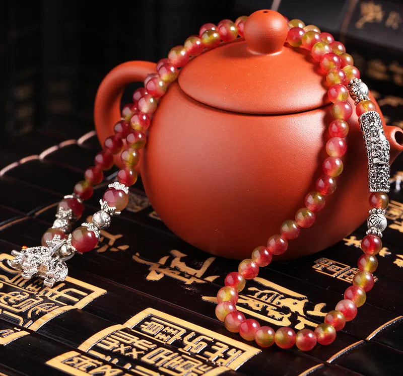 Handcrafted watermelon crystal bracelet with Chinese knot in 6mm or 8mm bead sizes
