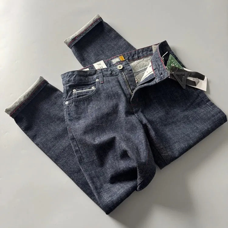 Men's straight-leg denim trousers in primary colour with mid-waist design and straight leg cut