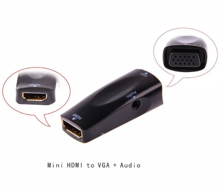 Black HDMI to VGA plug adapter showing male HDMI connector and female VGA port.