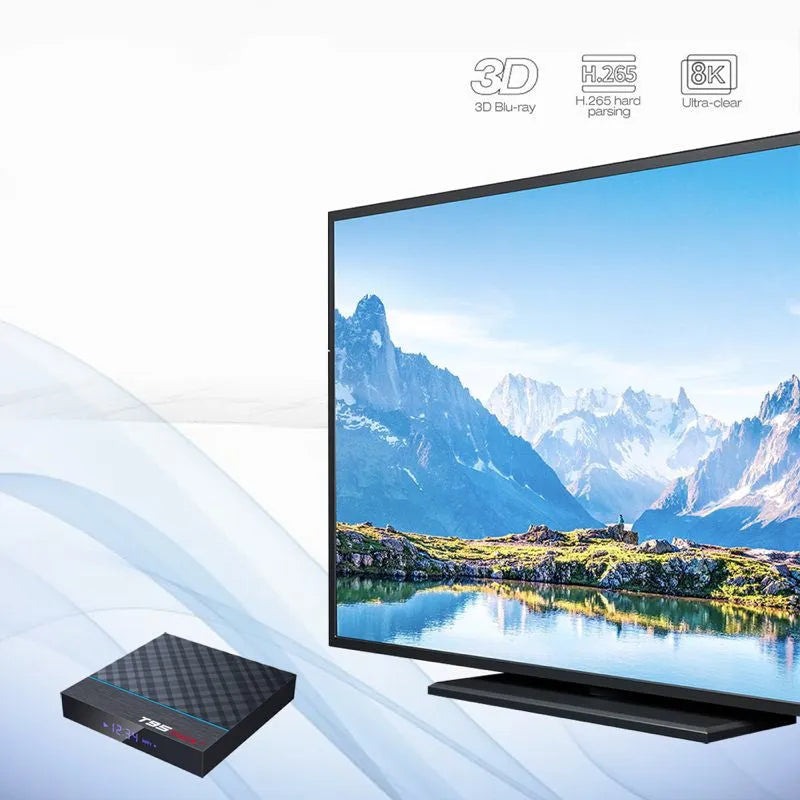 Black T95 Max Plus Android TV box unit with Amlogic S905X3 processor for 4K streaming.
