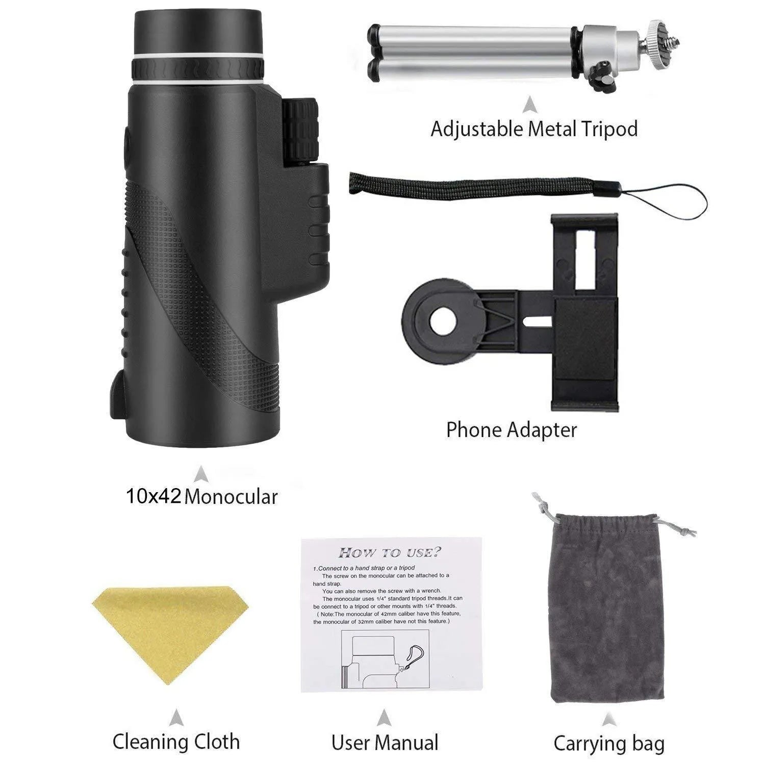 Black HD 40x60 cellphone telescope with 60mm lens, 40x magnification, and waterproof design for outdoor use