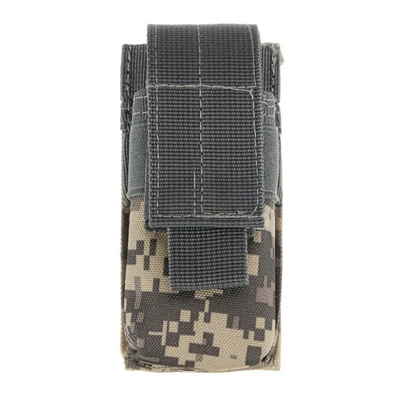 Outdoor military waistbag in black with MOLLE straps, holding a small flashlight and pistol cartridges