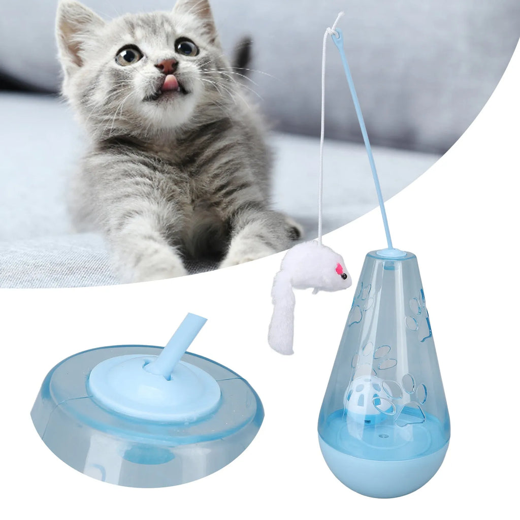 Interactive cat toy with bell ball and plush mouse stick on blue background