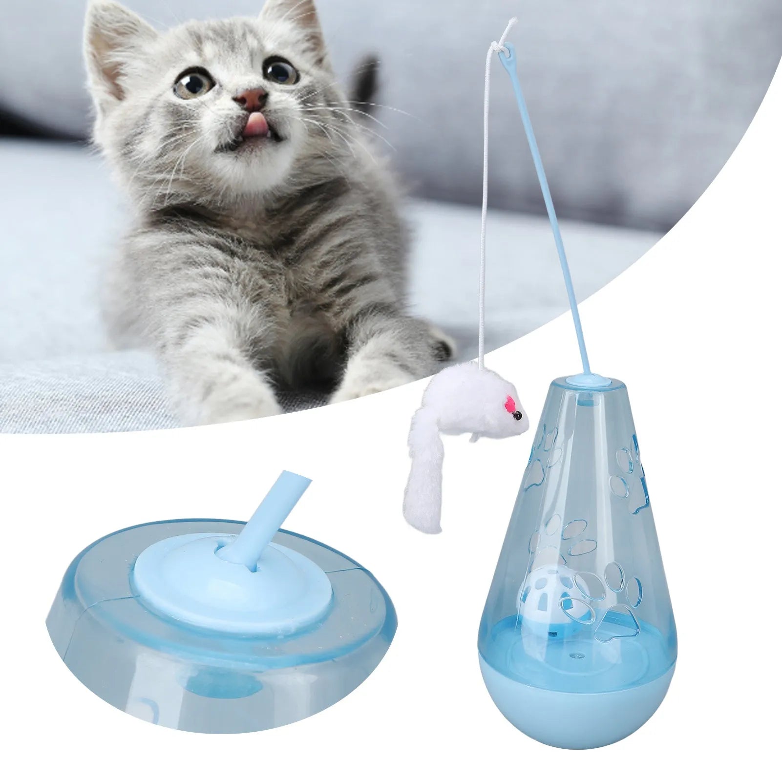 Interactive cat toy with bell ball and plush mouse stick on blue background