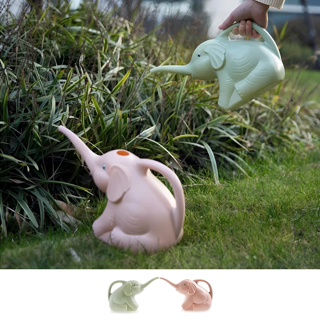 A pink plastic watering can shaped like a sitting baby elephant with a long spout.