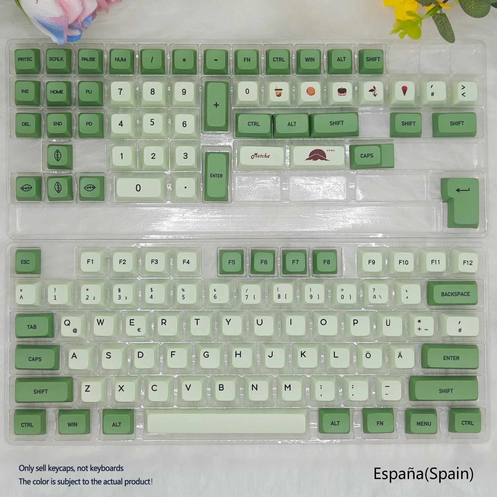 124 Matcha green PBT keycaps with white dye-sublimated legends, arranged in a keyboard layout.