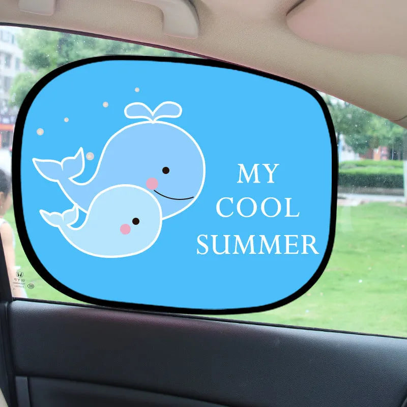 Electrostatic adsorption car sunshade with nylon mesh, shown installed on a vehicle side window to block sun.