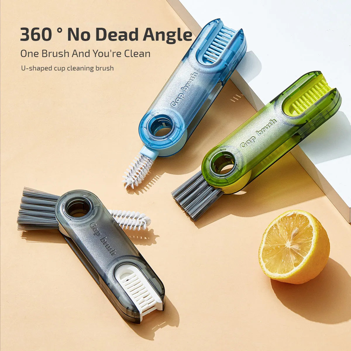 3-in-1 tiny bottle cup cover brush straw cleaner tool in transparent green, showing spiral brush and bevel corner design