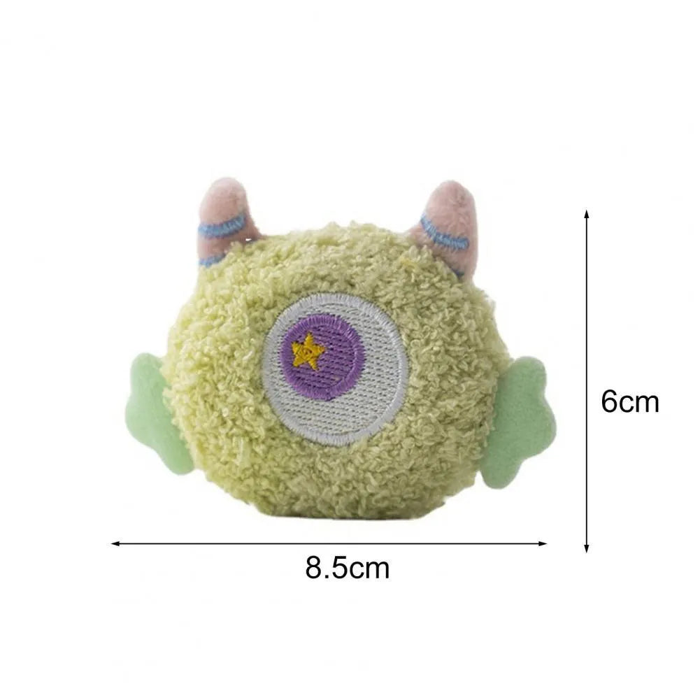 Cartoon-shaped plush dog toy with large eyes and squeaker in grey, green, pink, white or yellow