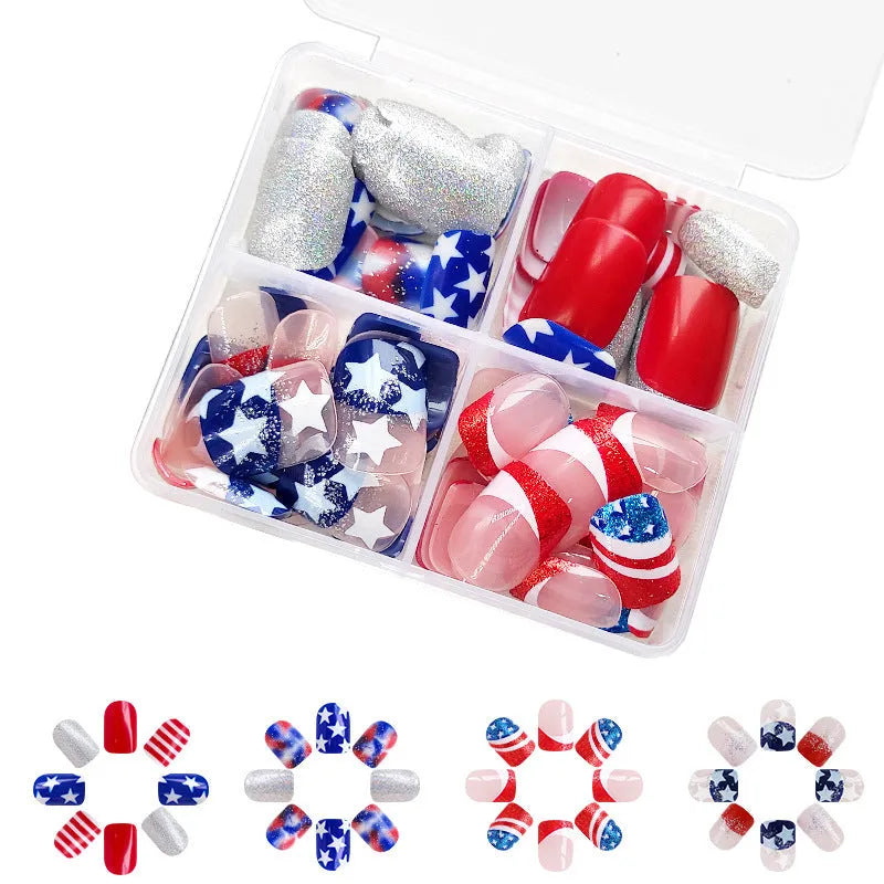 Independence Day nail art set with American five-pointed star design and European square style