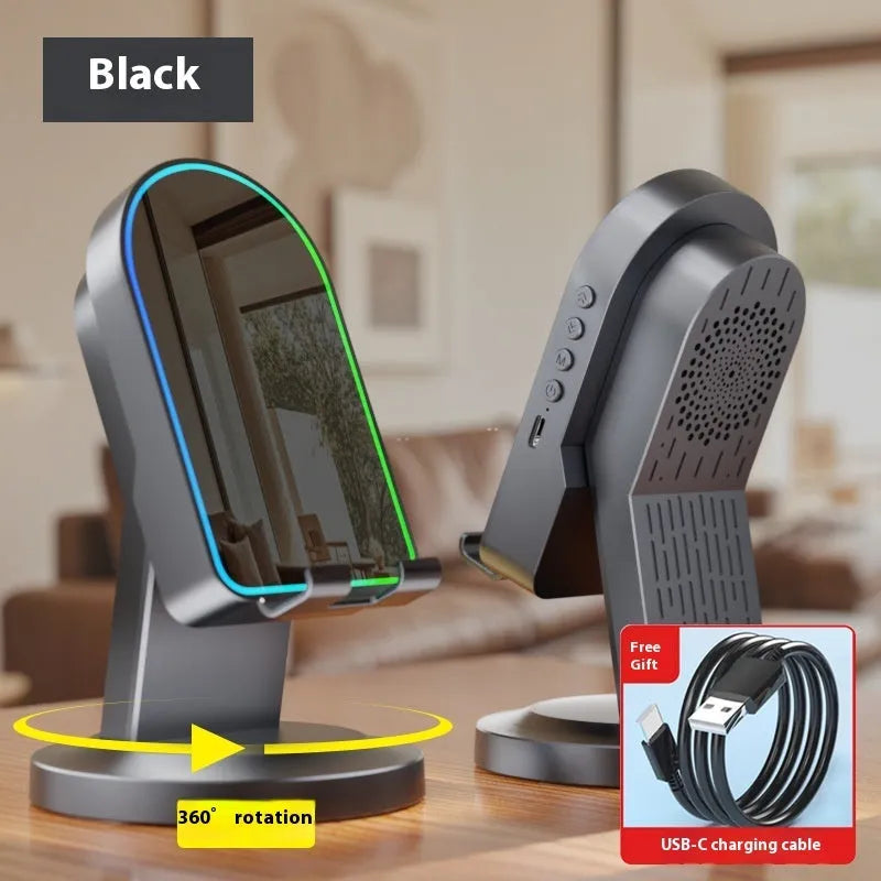 Three-in-one wireless induction speaker and Bluetooth phone bracket in black or white, common or mirror style, with built-in battery and USB cable.