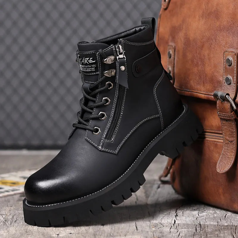 Men's brown leather high-top boots with side zipper and 3-5cm heel, showing round toe and mid-calf length