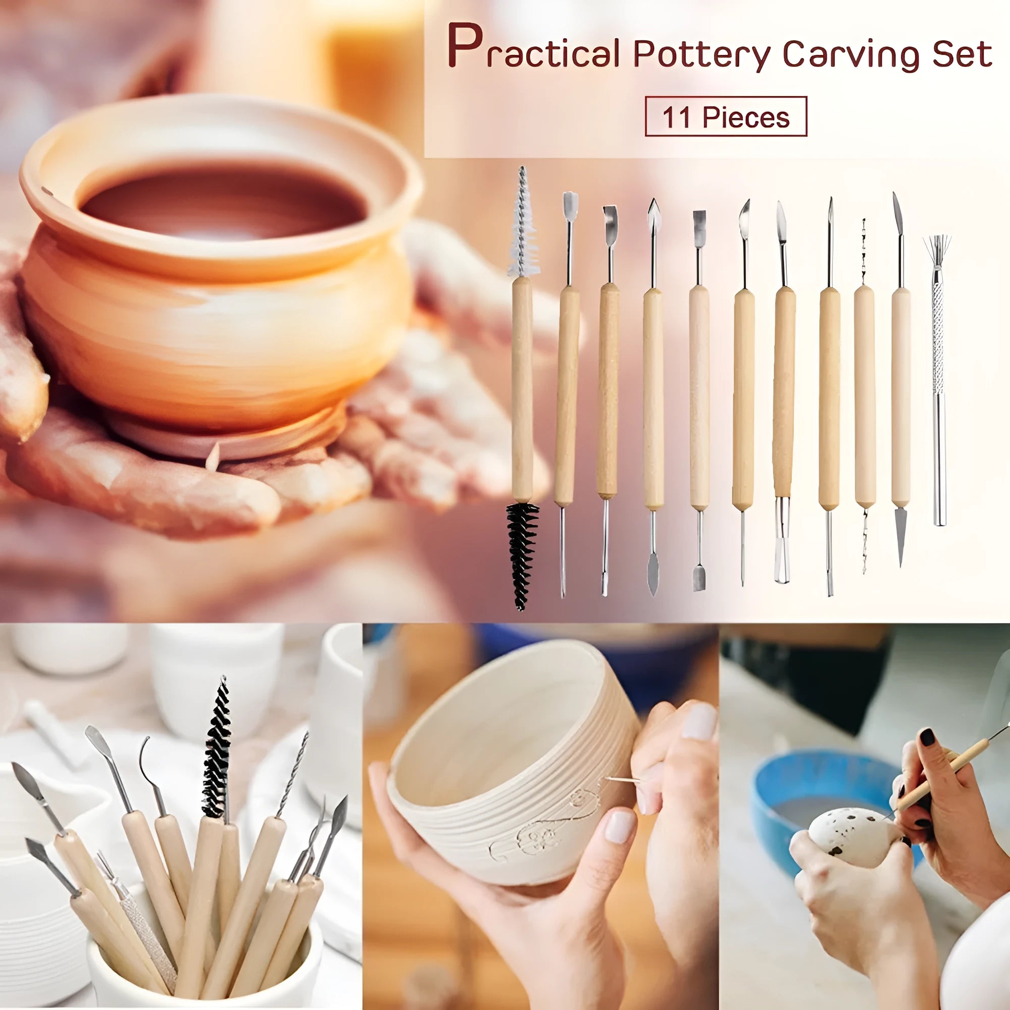 11-piece clay pottery tools set with wooden stainless steel construction and multi-combination repair billet tools