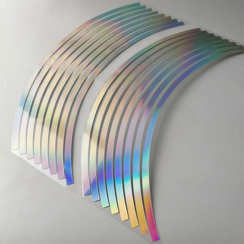 Pack of 16 laser-cut, waterproof reflective stickers for car and motorcycle wheel hubs.