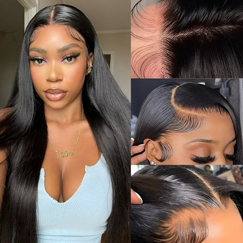 13x6 straight lace front human hair wig in natural black colour showing realistic hairline