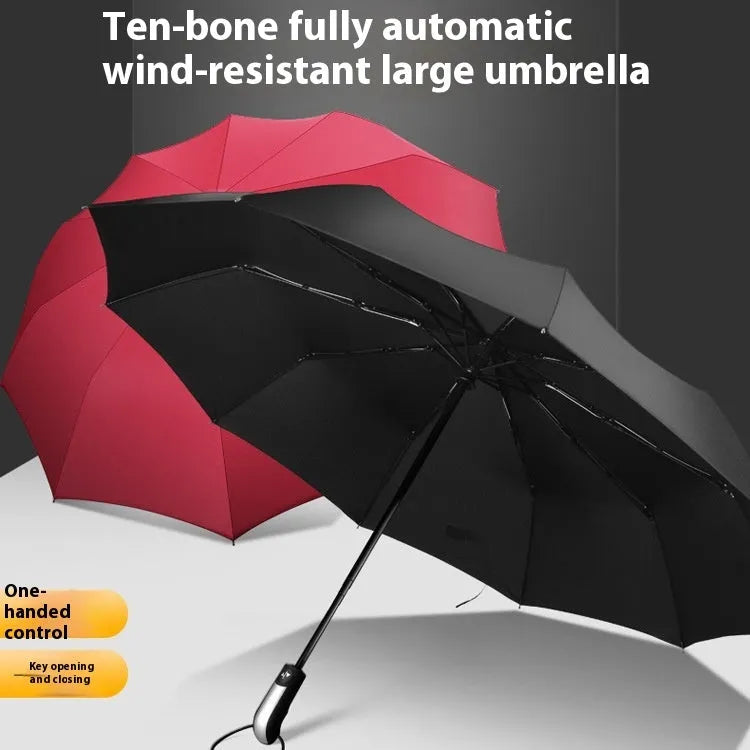 Black triple-folding automatic umbrella with 10 ribs showing palace-style shape and rubber handle
