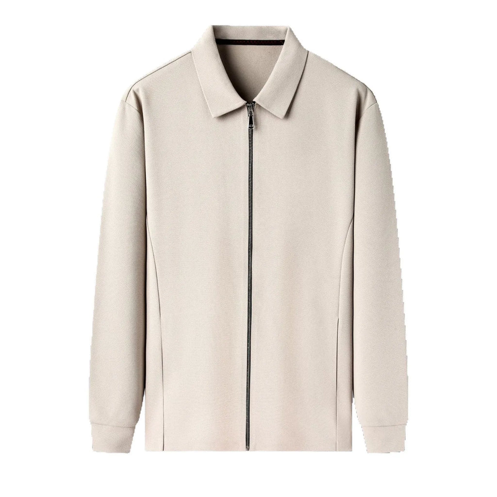 Men's jacket in apricot colour with straight hem and long sleeves, made from polyester fibre, shown on a hanger.