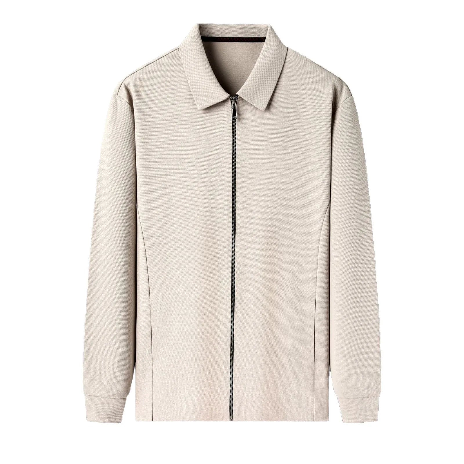 Men's jacket in apricot colour with straight hem and long sleeves, made from polyester fibre, shown on a hanger.