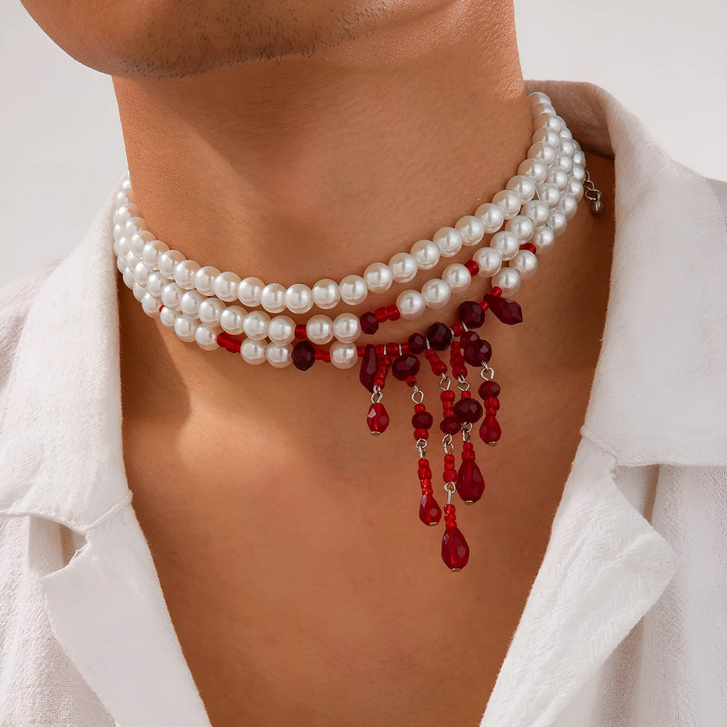 Halloween blood drop tassel necklace with artificial crystal pendant and imitation pearl accents on adjustable chain