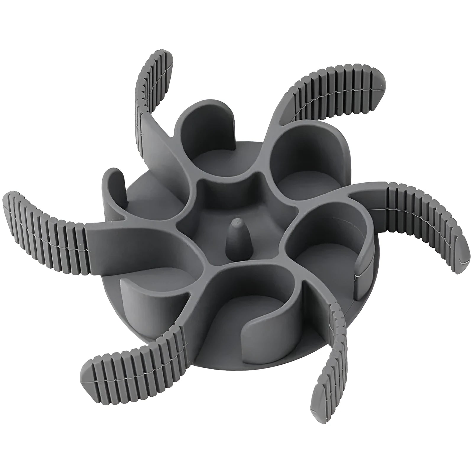 Red silicone dog slow feeder insert with spiral design and suction cups on a white background.